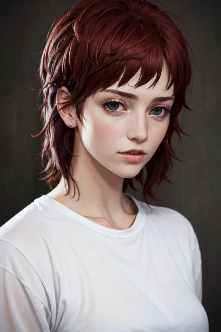 masterpiece, realistic, 8k, (1woman:1.3), european, white shirt, (red hair:1.1) , <lora:A_Mullet_Cut:0.7>mullet-hair, short hair,(long mullet:1.3),