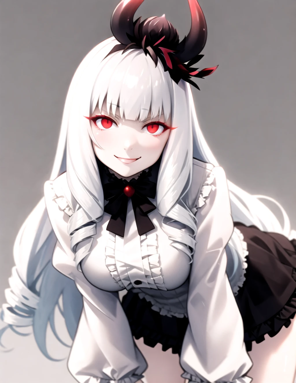 lycoris princess, abyssal ship, leaning forward, bent over, hand on own face, head tilt, 1girl, <lora:merrytail style:0.6>, (smug, smirk), looking at viewer, red eyes, glowing eyes, colored skin, white skin, blunt bangs, very long hair, side drill, drill hair, hair ornament, horns, breasts, large breasts,dress, black skirt, frilled skirt, juliet sleeves, puffy long sleeves, legs, perfect hands, dark background, <lora:GoodHands-vanilla:0.8>