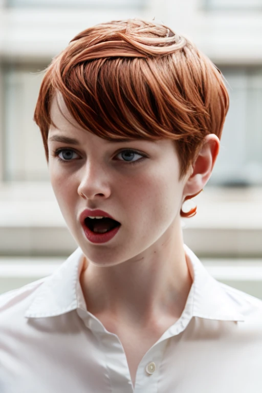 masterpiece, realistic, 8k, (1woman:1.3), european, white shirt, (red hair:1.1) , <lora:A_Short_Cut:1> short-cut, (pixie-cut:1.2), looking away, shouting, angry, asymetric wince,