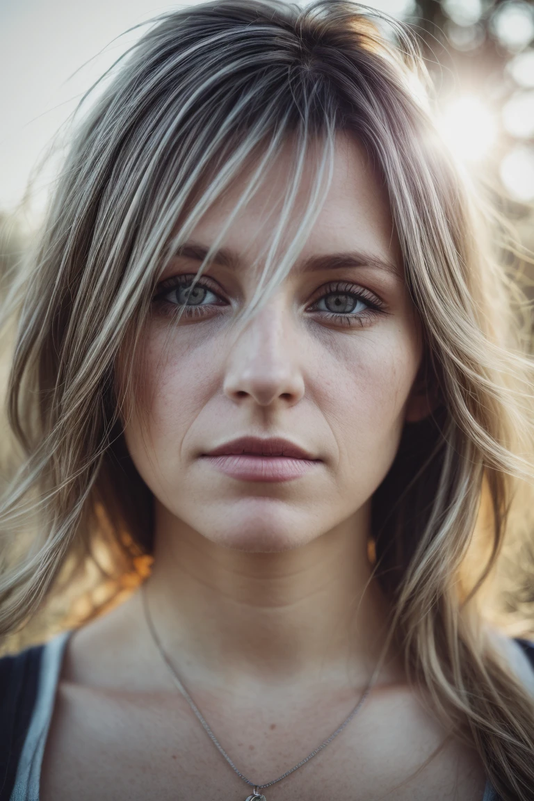 Bokeh, raw, ((streaked sunlight over face)), close portrait, (extreme skin details), skinny (30yo Scottish woman), ultra realistic, rule of thirds, dramatic overhead lighting, detailed face, cute, shallow depth of field, intricate details, god rays, light leaks