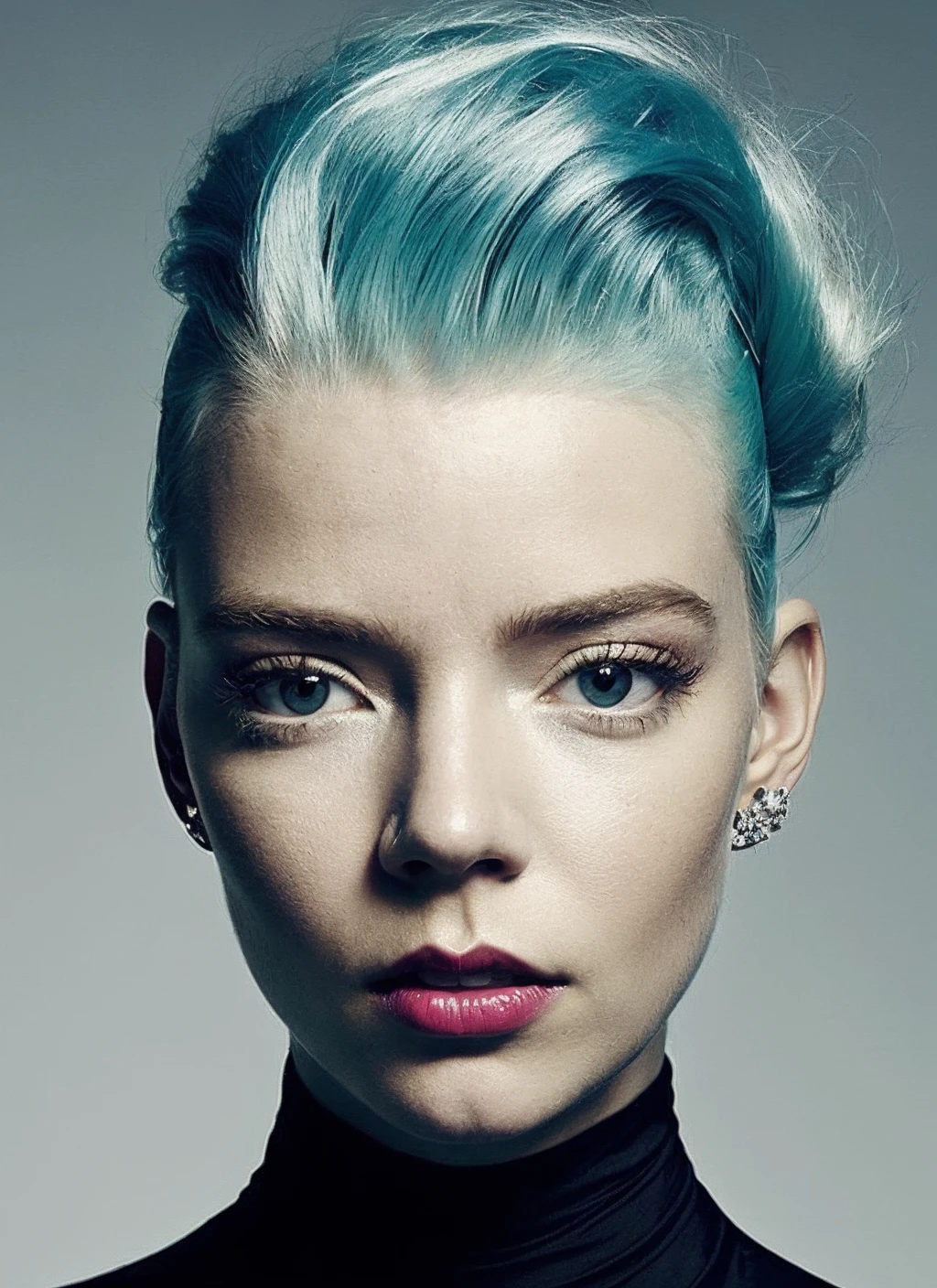 <lora:locon_anya_v2_from_v2_64_32_zwx:1> photo of zwx woman, portrait of ((zwx woman)) by Flora Borsi, style by Flora Borsi, bold, bright colours, blonde Mohawk haircut, ((Flora Borsi))