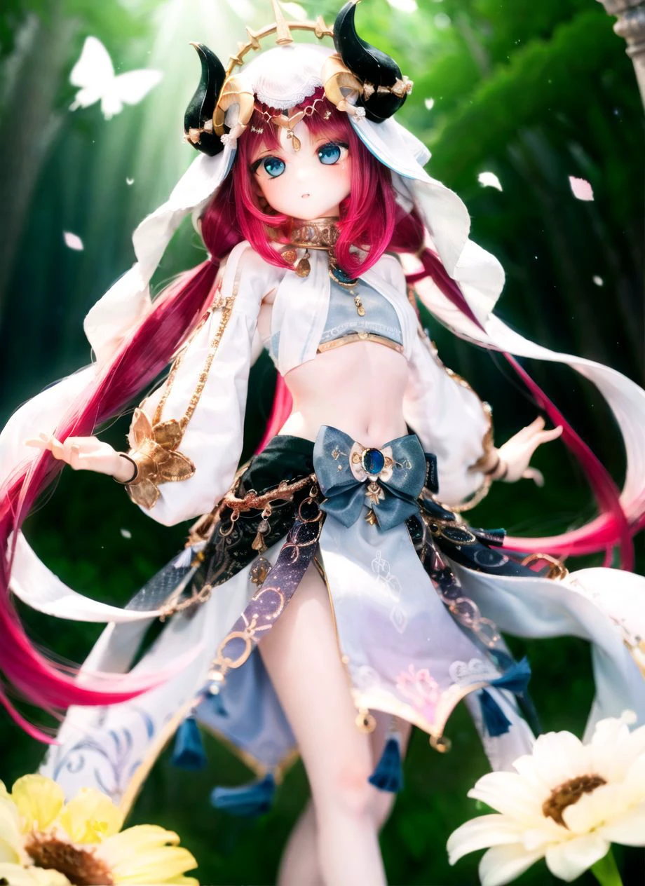 1girl,
beautiful, elegant,
<lora:nilouGenshinImpact_v10:1> nilou (neither flower nor mist) (genshin impact), aqua eyes, fake horns, red hair, long hair, crop top, jewelry, horns, veil, bracer, brooch, long sleeves, puffy long sleeves, skirt, bangs, twintails, puffy sleeves, neck ring, gold trim, parted bangs, circlet, blue skirt, hair ornament, detached sleeves, low twintails, floating hair, gem, blue gemstone, dancer, white headwear, midriff, very long hair,
around the garden, flowers, butterflies, sunlight, sunflowers, lilies, roses, nature, petals, lens flare,
<lora:add_detail:0.2><lora:dollStylePhotographyArtRealistic_dollPhotographyv2:1:OUT10.8>