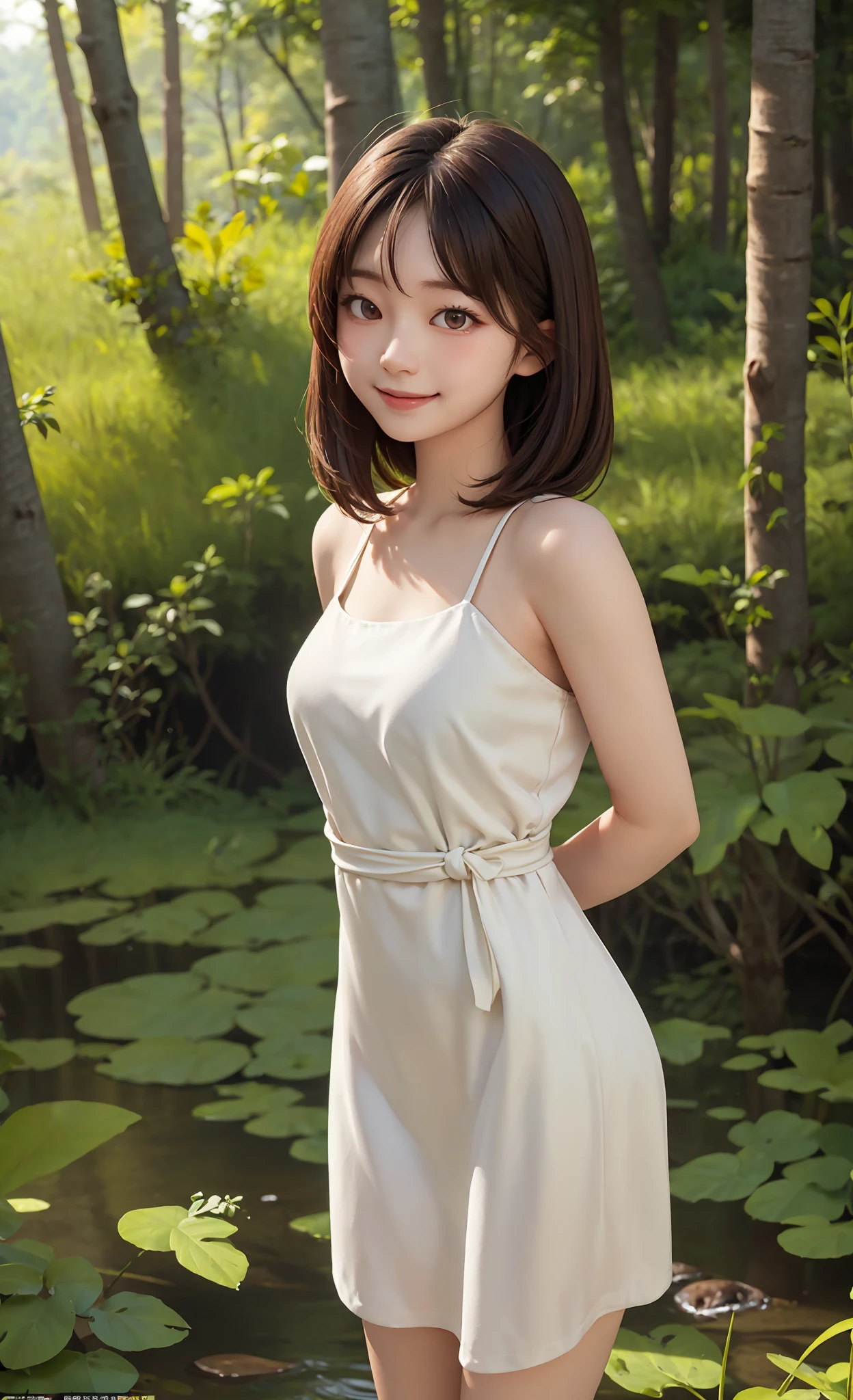 (masterpiece:1.2, best quality), HDR, intricate detail, 1girl, solo, Person Focus,
body from front,
(bobbed hair),
light smile,
(Brown Simple Dress),
with one's hands behind one's back,
(Forest background),