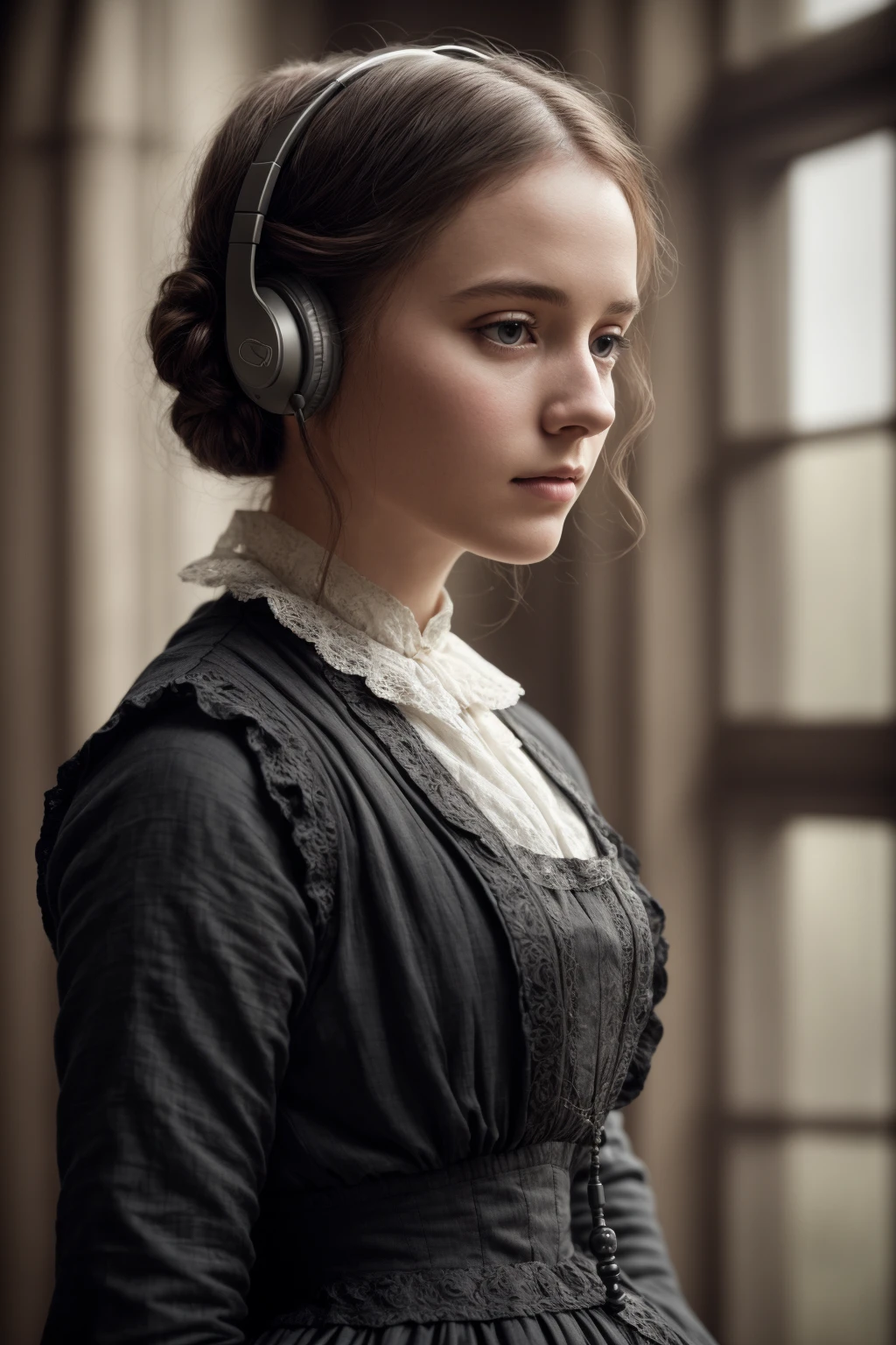 Jane Eyre with headphones, natural skin texture, 24mm, 4k textures, soft cinematic light, adobe lightroom, photolab, hdr, intricate, elegant, highly detailed, sharp focus, ((((cinematic look)))), soothing tones, insane details, intricate details, hyperdetailed, low contrast, soft cinematic light, dim colors, exposure blend, hdr, faded