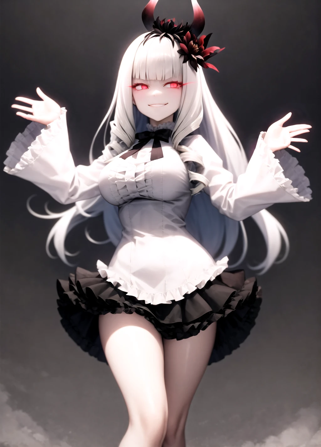 dancing, hands up, spread arms, turning head, lycoris princess, abyssal ship, 1girl, (smug, smirk), looking at viewer, red eyes, glowing eyes, colored skin, white skin, blunt bangs, very long hair, side drill, drill hair, hair flower, hair ornament, horns, breasts, large breasts,dress, black skirt, frilled skirt, juliet sleeves, puffy long sleeves, thighs, perfect hands, dark background, <lora:GoodHands-vanilla:1>