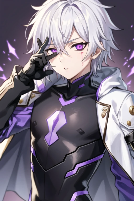 <lora:AddElsword-10:0.5>, edward grenore, solo, looking at viewer, gloves, 1boy, hair between eyes, purple eyes, jacket, white hair, male focus, parted lips, bodysuit, facial mark, colored sclera, purple background, black sclera, purple theme