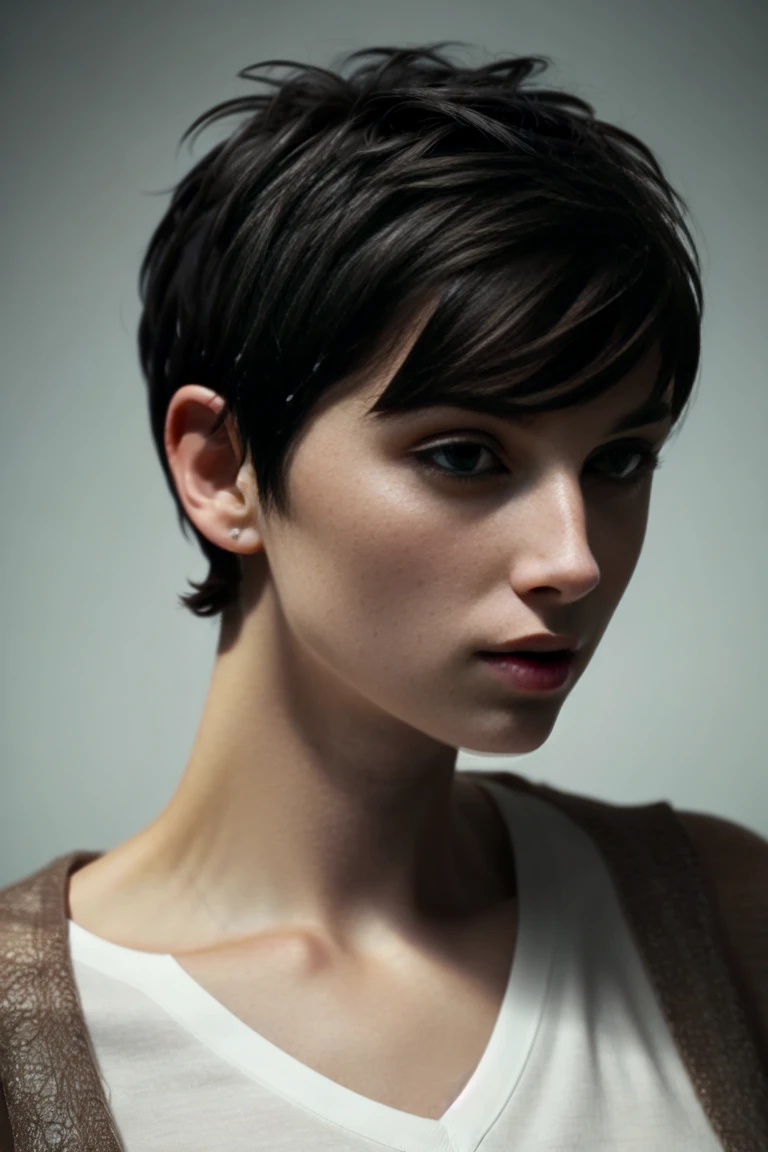 masterpiece, realistic, 8k, (1woman:1.3), european, white shirt, (dark hair:1.1) , <lora:A_Short_Cut:1> short-cut, (pixie-cut:1.2), very short hair,