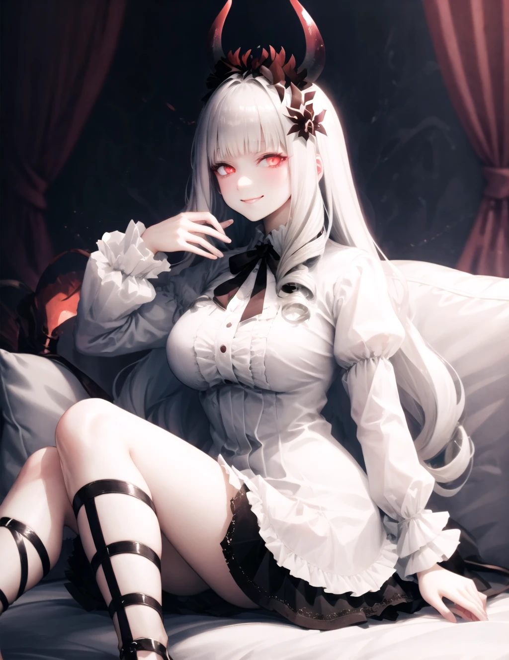 lycoris princess, abyssal ship, 1girl, (smug, smirk), looking at viewer, red eyes, glowing eyes, colored skin, white skin, blunt bangs, very long hair, side drill, drill hair, hair ornament, horns, breasts, large breasts,dress, black skirt, frilled skirt, juliet sleeves, puffy long sleeves, legs, perfect hands, couch, cushions, pillow, curtains, reclining, dark background, <lora:GoodHands-vanilla:0.8>