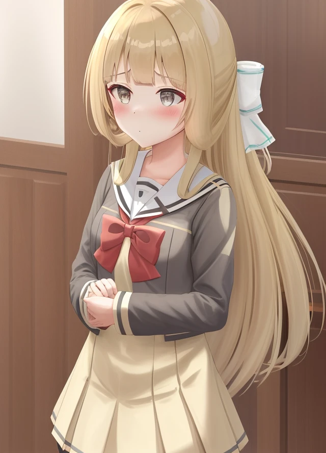 <lora:Nogi_Sonoko-10:0.8>,1girl,solo, Nogi_Sonoko, blush, blonde hair, brown hair,grey eyes, long sleeves, dress, bow, ribbon, very long hair, school uniform, hair ribbon, serafuku, blunt bangs, bowtie, sailor collar, red bow, dress