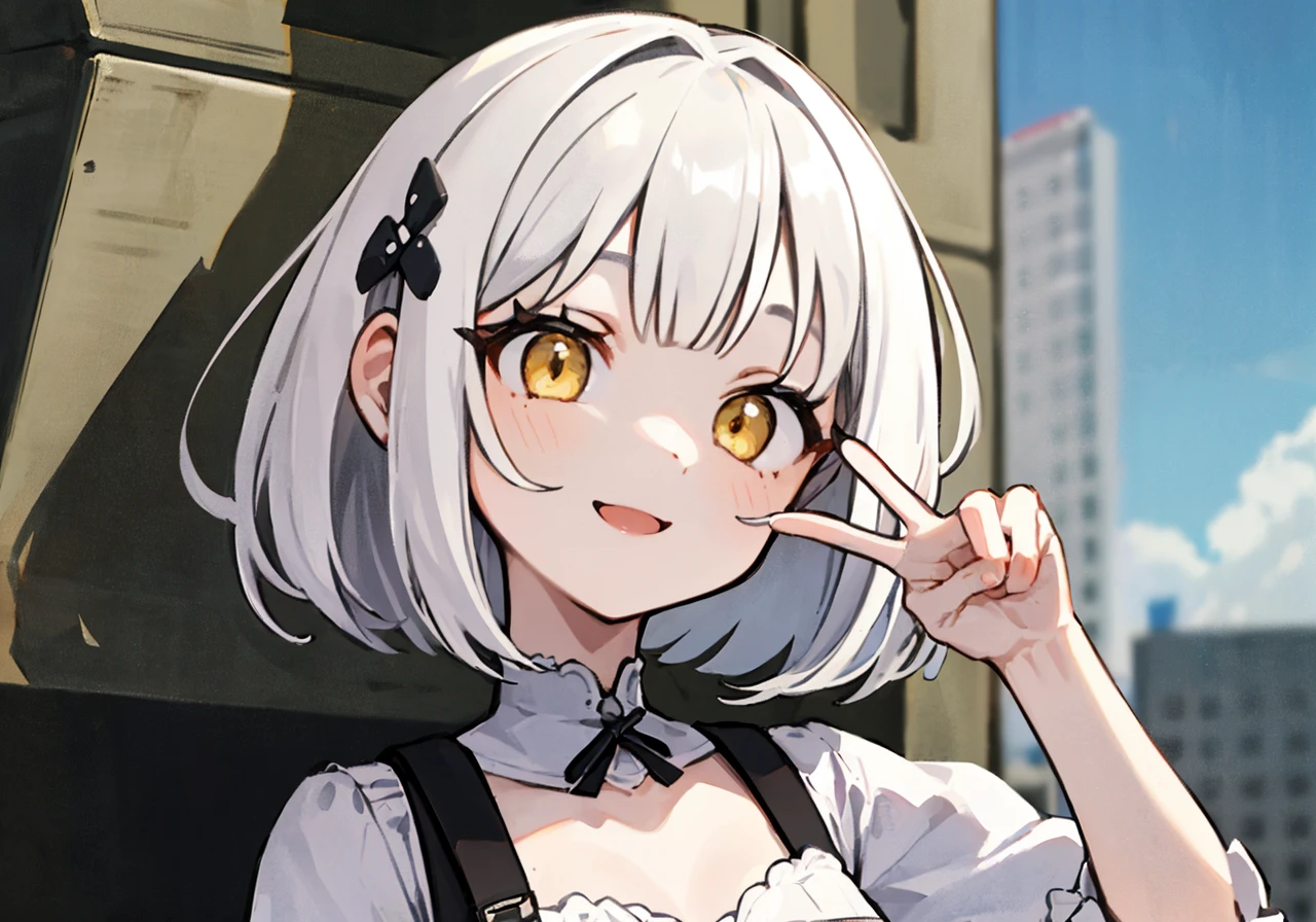 Cinematic, Fancy effects, Petite, Intricate details, 1 girl, Solo, Small girl, (Medium curved bob + White hair : 1.2), Detailed yellow eyes, (Detailed face:1.2), Medium breasts, White over-sized T-shits, V-sign, Smile