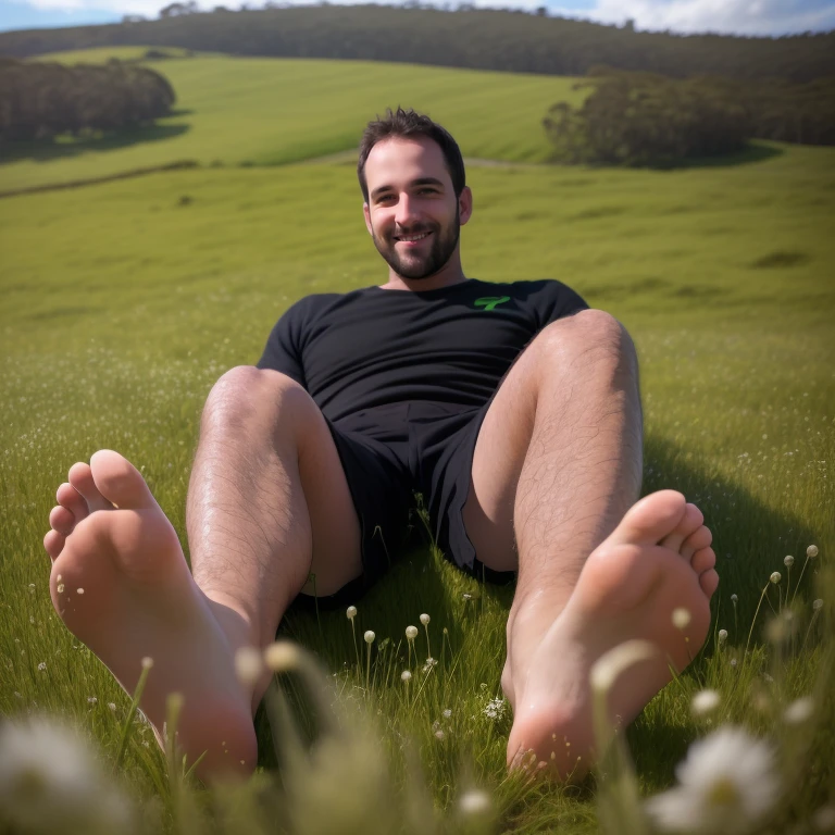 a cozy warm photo of manly 30 year old  villager man showing his feet, foot_focused, wearing black boxer-shorts, green field photo, sitting in wild grass field, feet up, barefoot, toes, soles, long legs, bent knees, spread legs pose, composition is awesome <lora:footpose-v2:0.85>