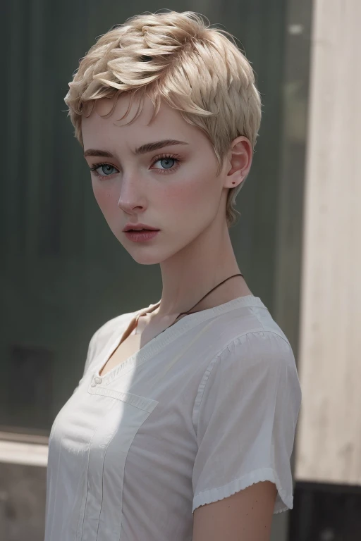 masterpiece, realistic, 8k, (1woman:1.3), european, hazelnut green eyes, white shirt, (blonde hair:1.1) , <lora:A_Short_Cut:1>short-cut,(buzz-cut:1.1),