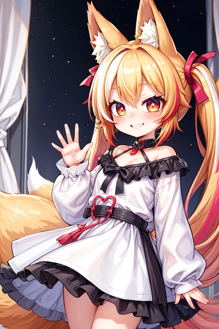 masterpiece, best quality, highres, absurdres, ultradetailed, 1girl, cute, petite, animal ears, fox ears, two-tone hair, red hair,  blonde hair, twintails, long hair , happy, big smile, waving