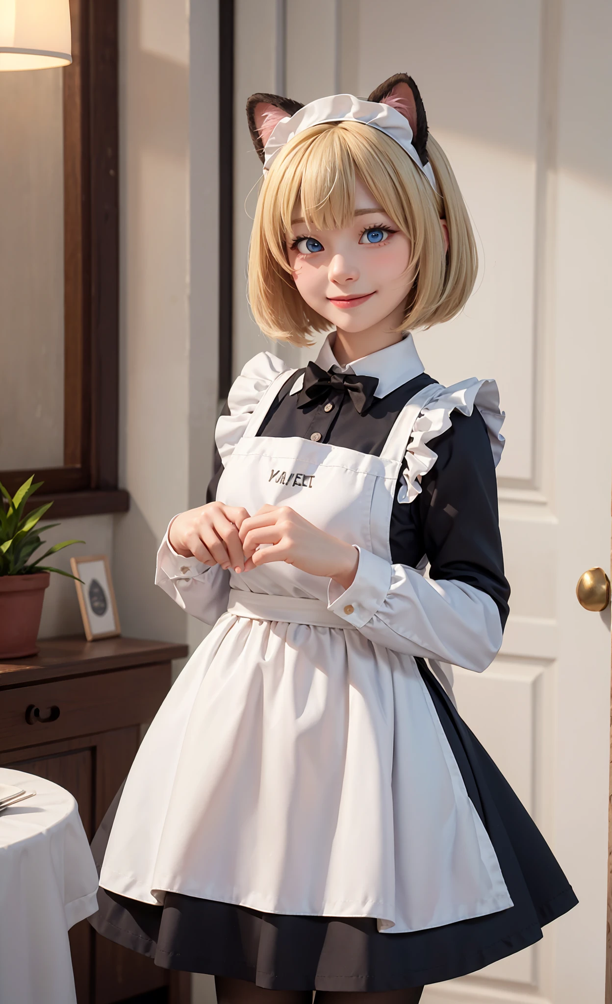 (masterpiece:1.2, best quality), HDR, intricate detail, 1girl, 23 Year Old,
blonde hair, apron, animal ears,smile, own hands together, door, dress, white apron, indoors, long sleeves, blue eyes, looking at viewer, furry, pink dress, short hair, maid, maid apron, dog ears, window, bangs, standing, closed mouth,