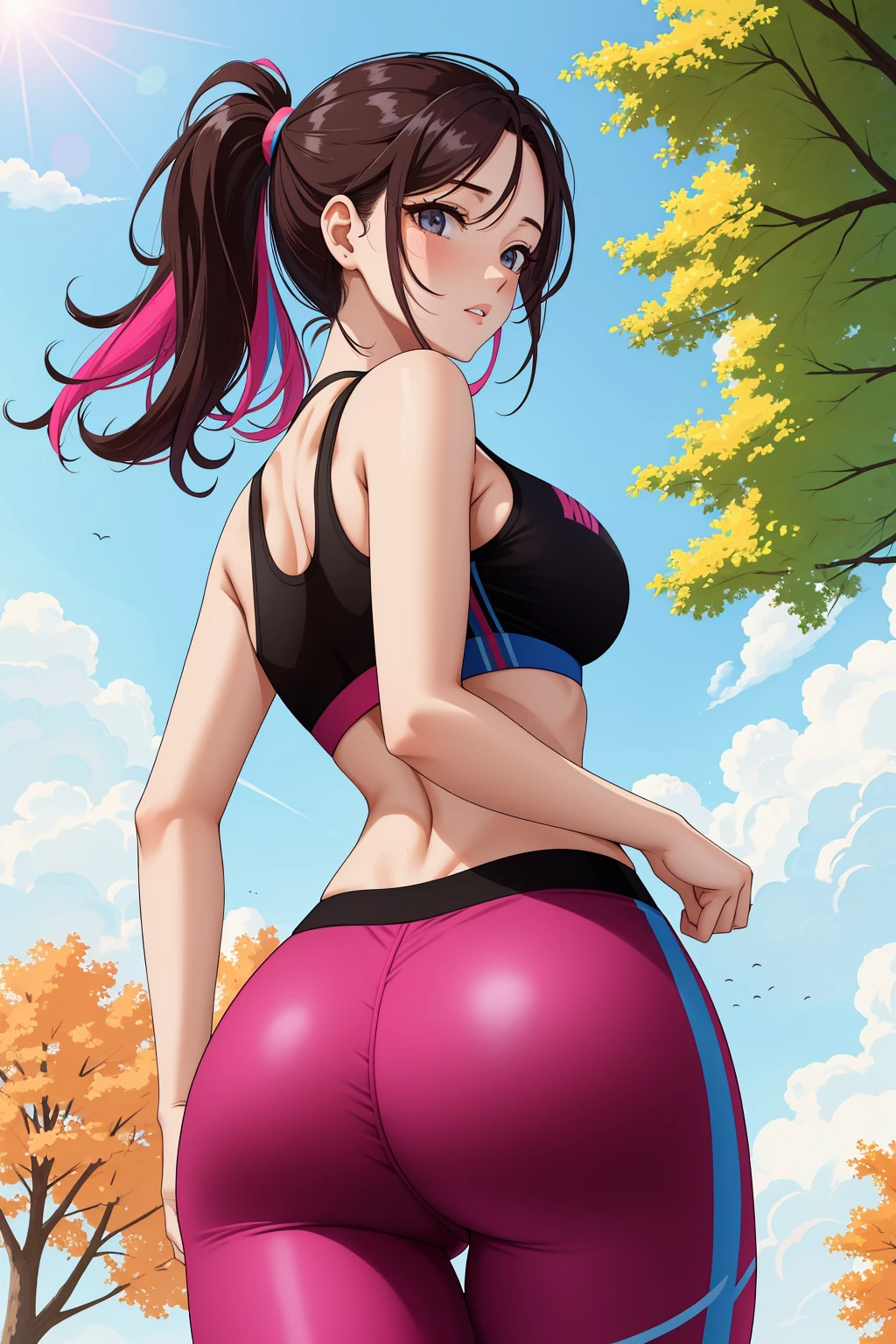 ass, woman, <lora:BigBooty-V2:1>, sports bra, colorful clothing, park, sky, trees