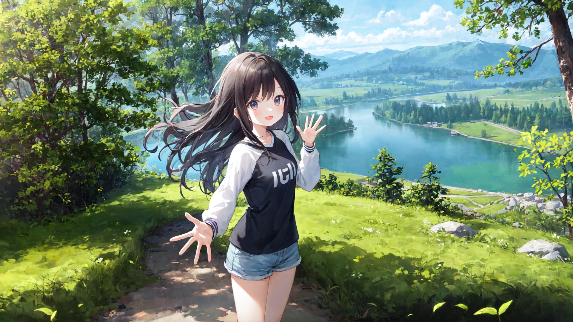 1 girl, best quality, ultra detailed, (minor:1.2), round eyes, 
happy, :d, medium breast, 
black hair, long hair, , hair twirling, 
From Side, above the knee, waving, 
desaturated raglan sleeves, kaleidoscopic lowleg shorts, 
in the forest, path, grass, Lake, mountain in the distance