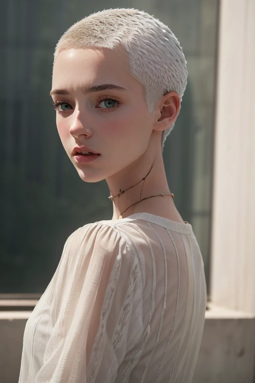 masterpiece, realistic, 8k, (1woman:1.3), european, hazelnut green eyes, white shirt, (blonde hair:1.1) , <lora:A_Short_Cut:1>short-cut,(buzz-cut:1.3),