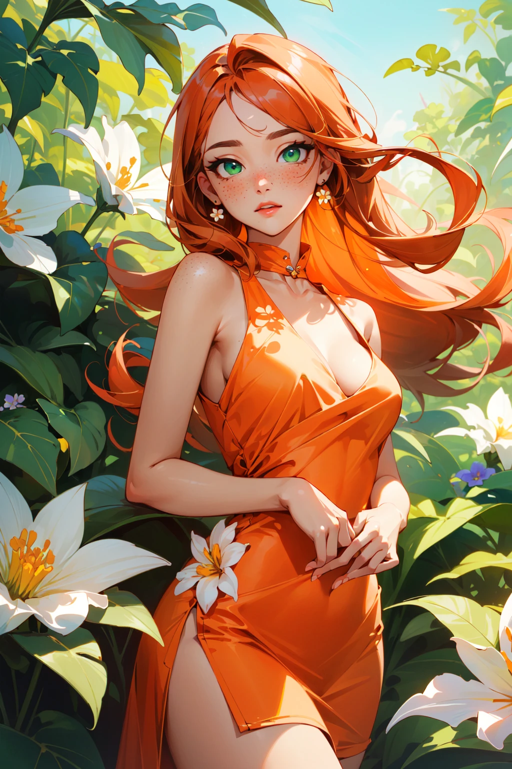 (masterpiece, best quality:1.4), intricate details, hyper detailed, vibrant details, hyper realistic, photorealistic, cinematic shot, sunlight, cinematic lighting, sharp focus, (perfect face, detailed face, eyeliner, blush, glossy lips. shy), (expressive eyes, green eyes), (orange hair, long hair, flower in the hair), (natural breasts, freckles on chest), (light orange dress:1.2), (tight dress, ornated dress, detailed dress, delicated dress), (surrounded by flowers:1.4), leafs, flowers, (cowboy shot, standing:1.2),