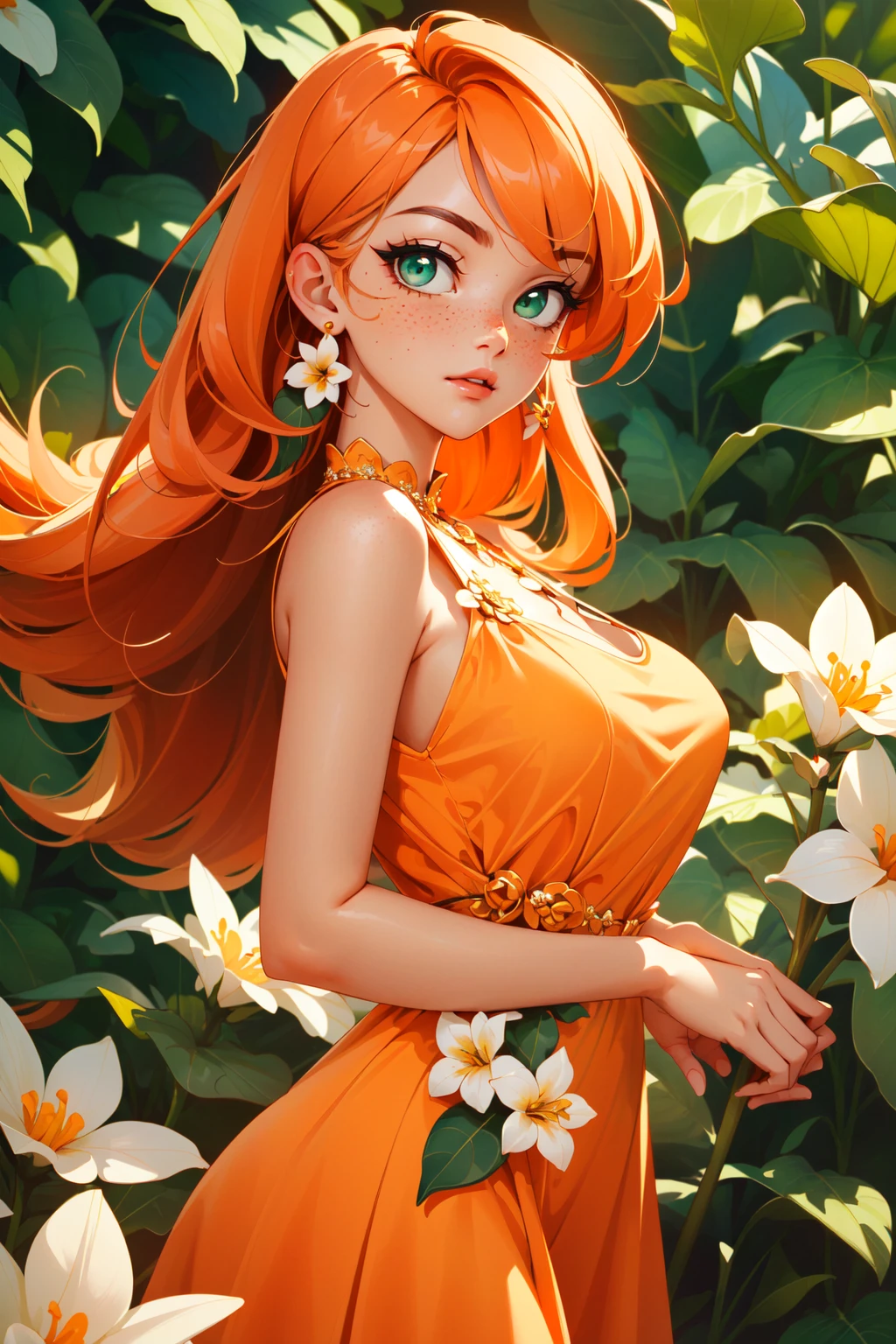 (masterpiece, best quality:1.4), intricate details, hyper detailed, vibrant details, hyper realistic, photorealistic, cinematic shot, sunlight, cinematic lighting, sharp focus, (perfect face, detailed face, eyeliner, blush, glossy lips. shy), (expressive eyes, green eyes), (orange hair, long hair, flower in the hair), (natural breasts, freckles on chest), (light orange dress:1.2), (tight dress, ornated dress, detailed dress, delicated dress), (surrounded by flowers:1.4), leafs, flowers, (cowboy shot, standing:1.2),