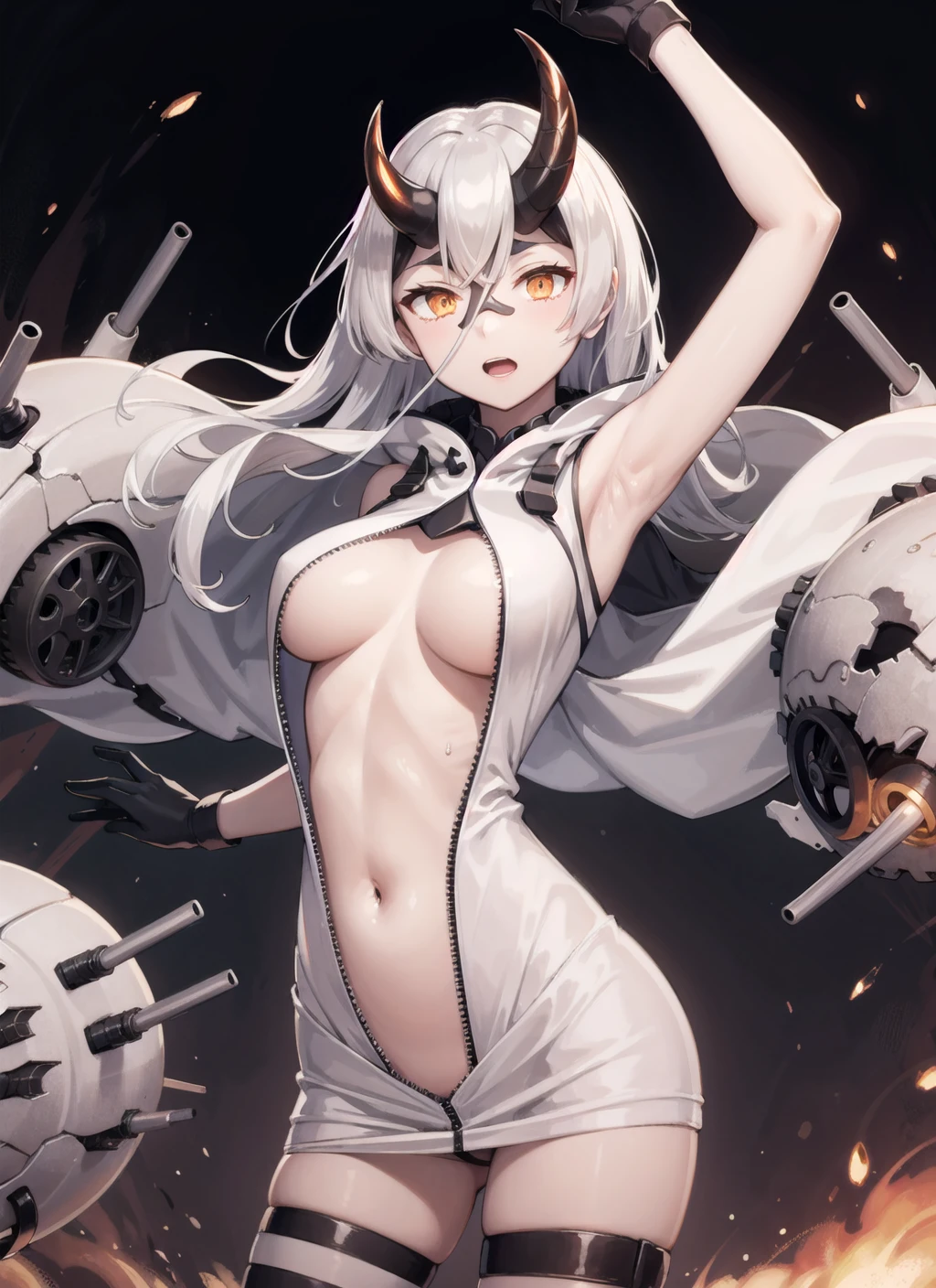 best quality, no eels, heavy cruiser princess, abyssal ship, 1girl, asymmetrical horns, mechanical parts, gears, cracked skin, center opening