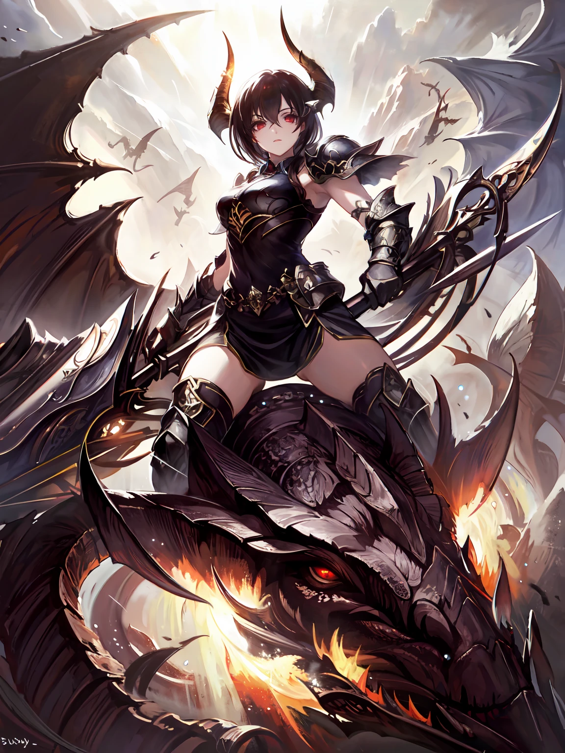 masterpiece,best quality,highres,1girl,<lora:ForteV2:0.7> ,horns,red eyes,armor,from below,dual wielding,white lance,black lance,holding,weapon,looking at viewer,dragon,riding on dragon,riding