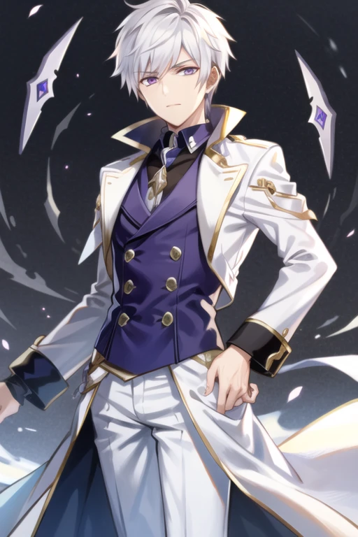 <lora:AddElsword-10:0.5>, edward grenore,1boy, solo, male focus, white hair ,purple eyes