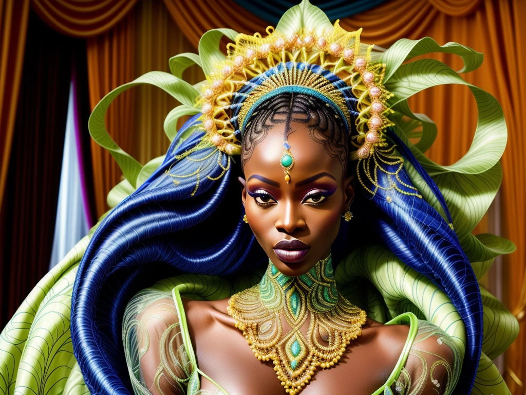 raw photography, (extreme close up shot) of african supermodel wearing an immaculately detailed bright [navy|yellow|blue|green with intricate golden embroidered] flowing tailored gown and headress veil, with detailed hair, extremely detailed face, standing in a luxurous palatial ballroom, <lora:weird future fashion_v4:1>, cinematic photography, indoors, low contrast, well lit, overcast, hdr