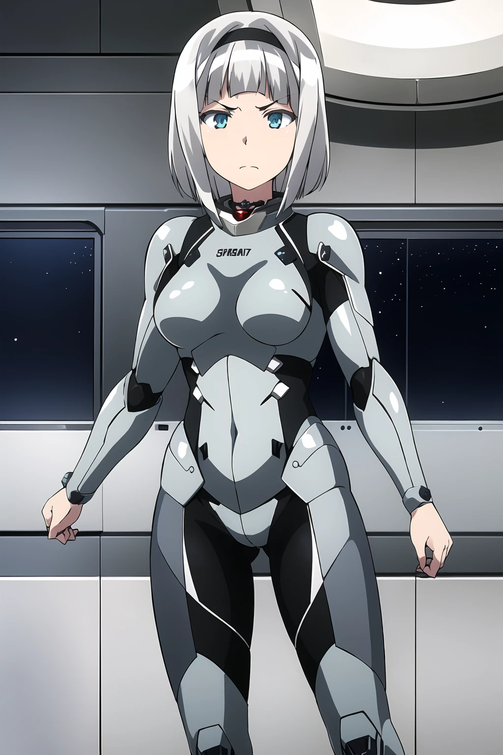 masterpiece, 1girl, anna nishikinomiya, short hair, battlesuit, silver metal plate, serious, shiny metal, plasma core, standing, space station, space, stars, nebula, best quality