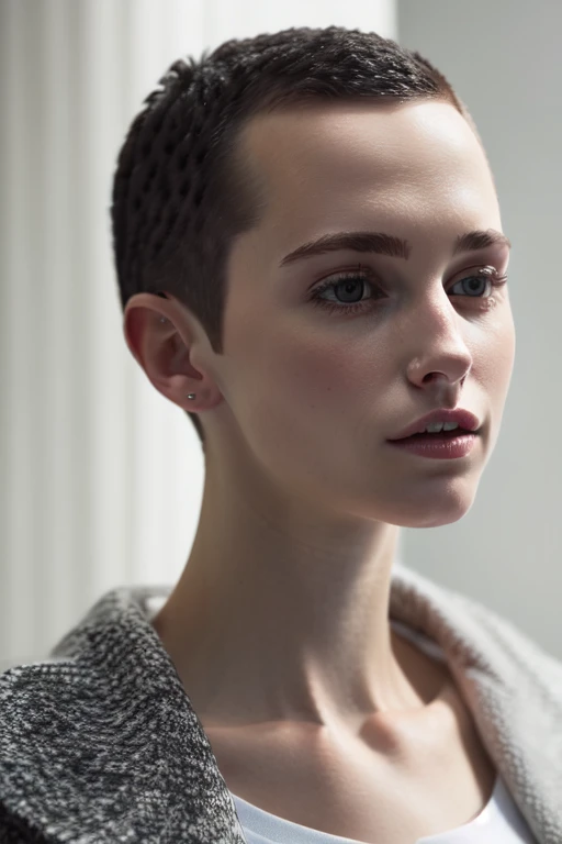 masterpiece, realistic, 8k, (1woman:1.3), european, white shirt, (dark hair:1.1) , <lora:A_Short_Cut:1> short-cut, (buzz-cut:1.2), very short hair,