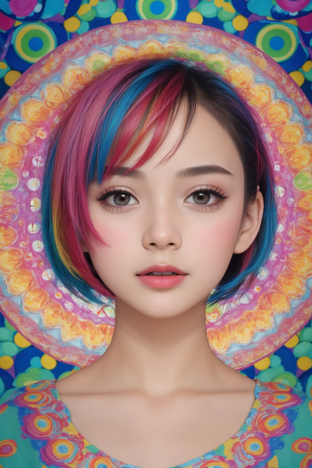 portrait of 1girl, Vibrant and cute, peering into a kaleidoscope, displaying an expression of awe and joy. Inside, vibrant geometric shapes and patterns form symmetrically. Her eyes are encircled by colorful fractals, mirroring the kaleidoscopic imagery. The backdrop consists of a mesmerizing fusion of all imaginable colors swirling together. breast. Textured Layered Bob short hairstyle,
(RAW photo, best quality),(realistic, photo-realistic:1.3), clean, masterpiece,finely detail,masterpiece,ultra-detailed,highres,(best illustration),(best shadow),intricate, bright cold light