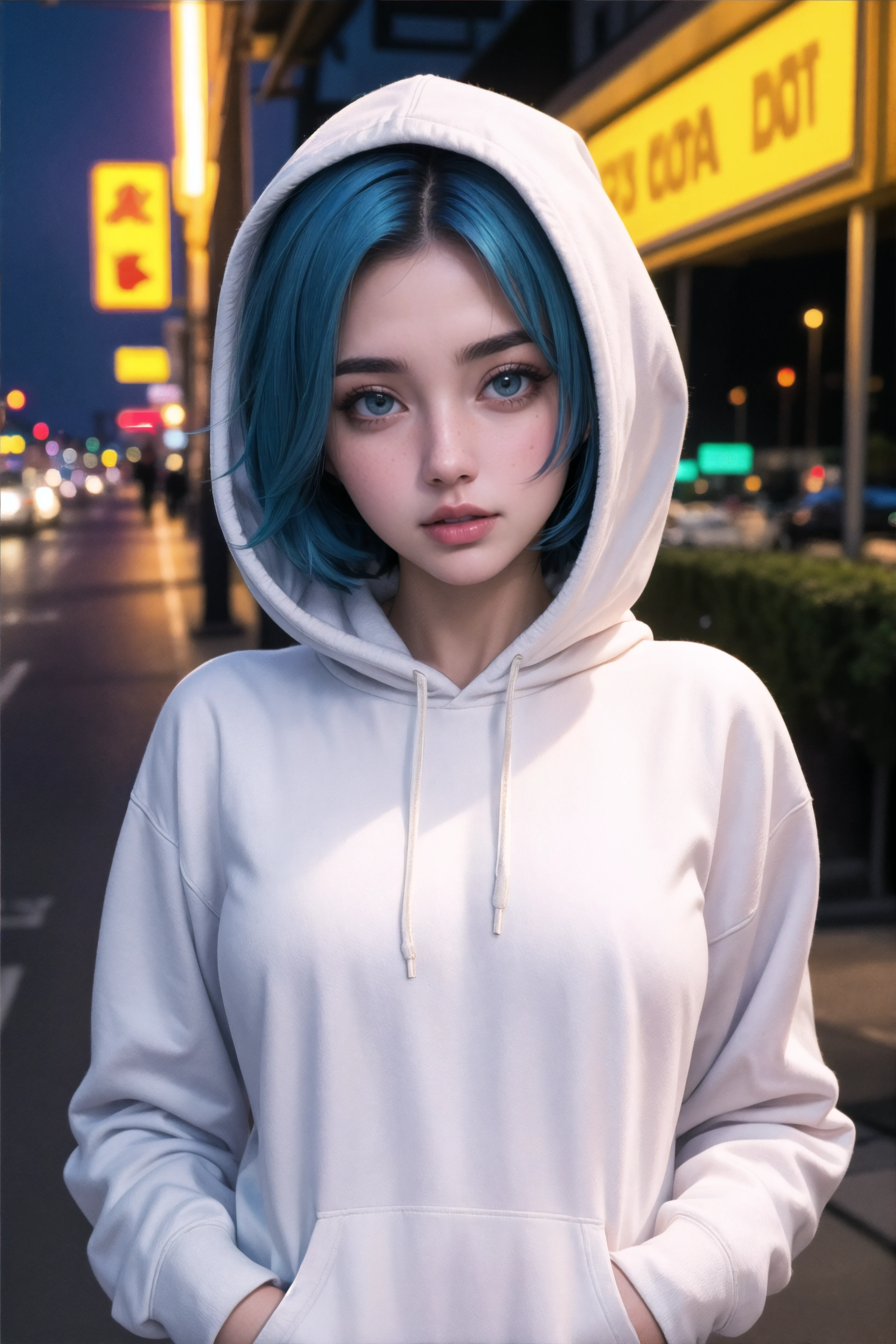 (s0fiag0mez:0.8), short hair, blue hair, freckles, close up shot, slim, slender, looking at viewer, large hoodie, city, night, neon lights, (masterpiece), (best quality:1.2), absurdres, intricate details, (highly detailed skin:1.2),