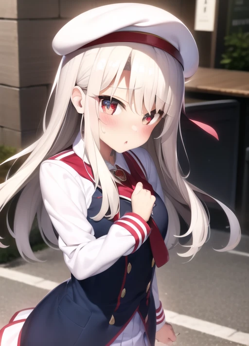 1girl, teenage, school uniform, white beret, blonde hair, red eyes,  illya,  <lora:illya2:0.9>