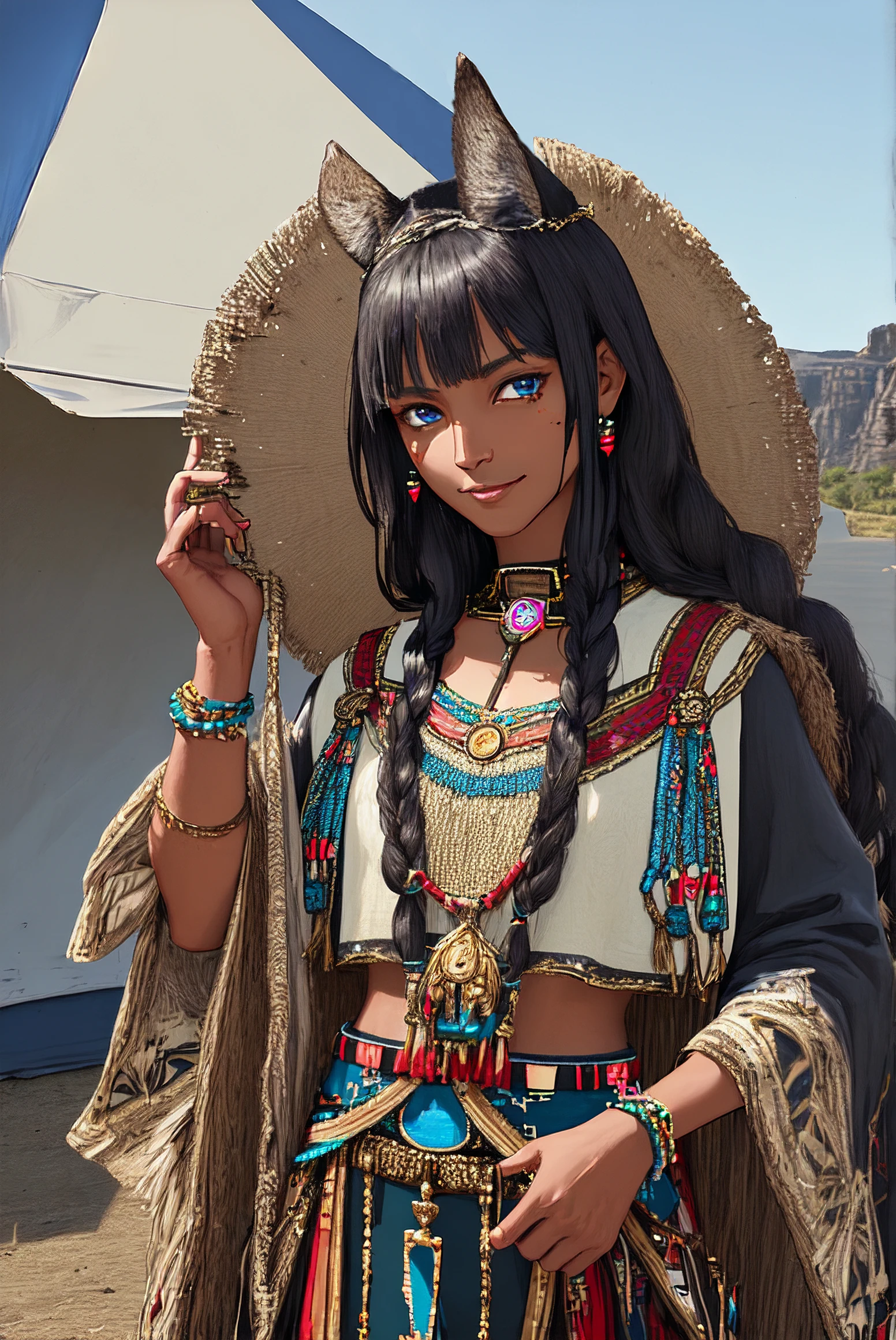 (masterpiece, best quality, ultra-detailed, best shadow),(western style:0.5), (realistic:1.2), analog style, (fibonacci), (detailed background, native american, Ojibwe, tents, tribe, looking at viewer, (smirk, smug)), (detailed face, androgynous),   (best illumination), ((cinematic light)), colorful, hyper detail, dramatic light, intricate details, (1girl, woman named Navakas, native american, black hair, (dark-skinned female), muscular, braid, blue eyes, feather hair ornament, trickster god, tunic, pants, coyote ears), made by mori