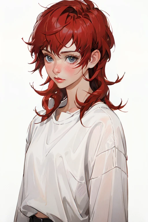 masterpiece, realistic, 8k, (1woman:1.3), european, white shirt, (red hair:1.1) , <lora:A_Mullet_Cut:0.9>mullet-hair, short hair,(long mullet:1.3),