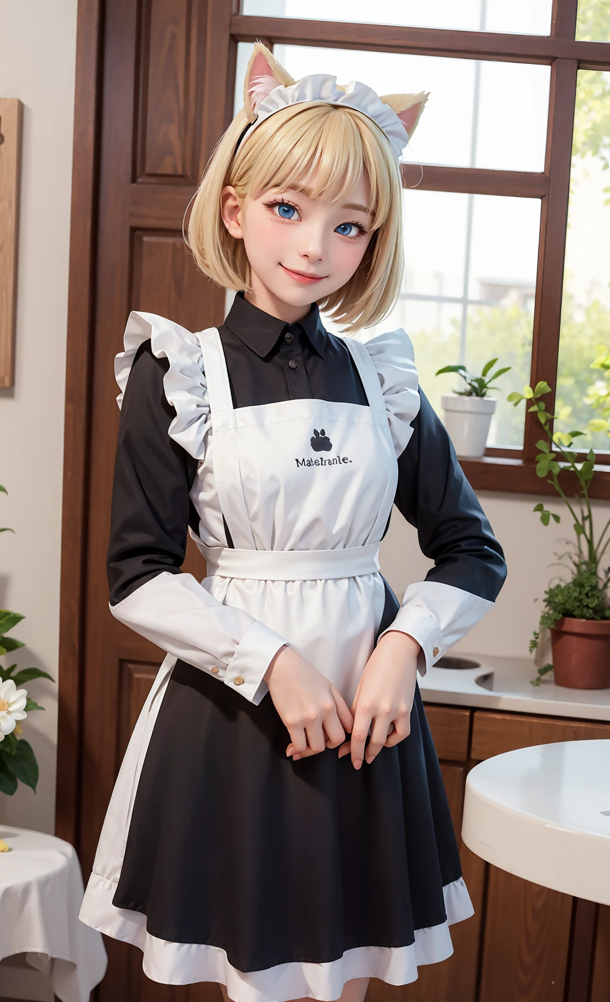 (masterpiece:1.2, best quality), HDR, intricate detail, 1girl, 23 Year Old,
blonde hair, apron, animal ears,smile, own hands together, door, dress, white apron, indoors, long sleeves, blue eyes, looking at viewer, furry, pink dress, short hair, maid, maid apron, dog ears, window, bangs, standing, closed mouth,