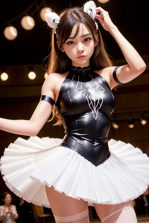 <lora:betterCuteAsian03:0.3>, a woman , (wearing ballet dress with tutu:1.2), (wearing black and white spiderwoman_cosplay_outfit:1.2),
good hand,4k, high-res, masterpiece, best quality, head:1.3,((Hasselblad photography)), finely detailed skin, sharp focus, (cinematic lighting), night, soft lighting, dynamic angle, [:(detailed face:1.2):0.2],(((carnival party))),      <lyco:spiderwoman_ballet_suit-10:0.35>