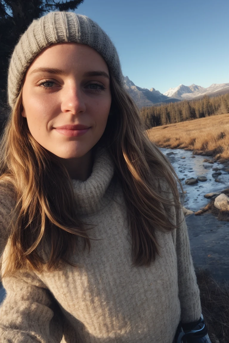 1 woman((upper body selfie, happy)), masterpiece, best quality, ultra-detailed, solo, outdoors, (night), mountains, nature, (stars, moon) cheerful, happy, backpack, sleeping bag, camping stove, water bottle, mountain boots, gloves, sweater, hat, flashlight, forest, rocks, river, wood, smoke, shadows, contrast, clear sky, analog style (look at viewer:1.2) (skin texture) (film grain:1.3), (warm hue, warm tone) :1.2), close up, cinematic light, sidelighting, ultra high res, best shadow, RAW, upper body, wearing pullover