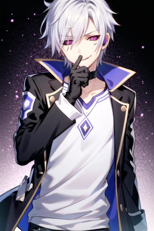 <lora:AddElsword-10:0.5>, edward grenore, solo, smile, gloves, 1boy, purple eyes, jacket, white hair, male focus, hand on own face, colored sclera, black sclera