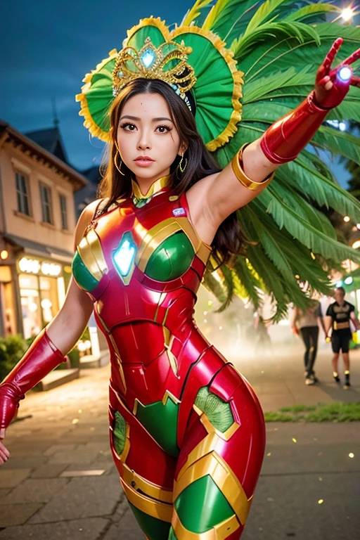<lora:betterCuteAsian03:0.3>, a woman , (wearing samba dance dress:1.1), (wearing green irongirl_suit:1.3), 
good hand,4k, high-res, masterpiece, best quality, head:1.3,((Hasselblad photography)), finely detailed skin, sharp focus, (cinematic lighting), night, soft lighting, dynamic angle, [:(detailed face:1.2):0.2],(((carnival party))),     <lyco:irongirl_samba_suit:0.35>