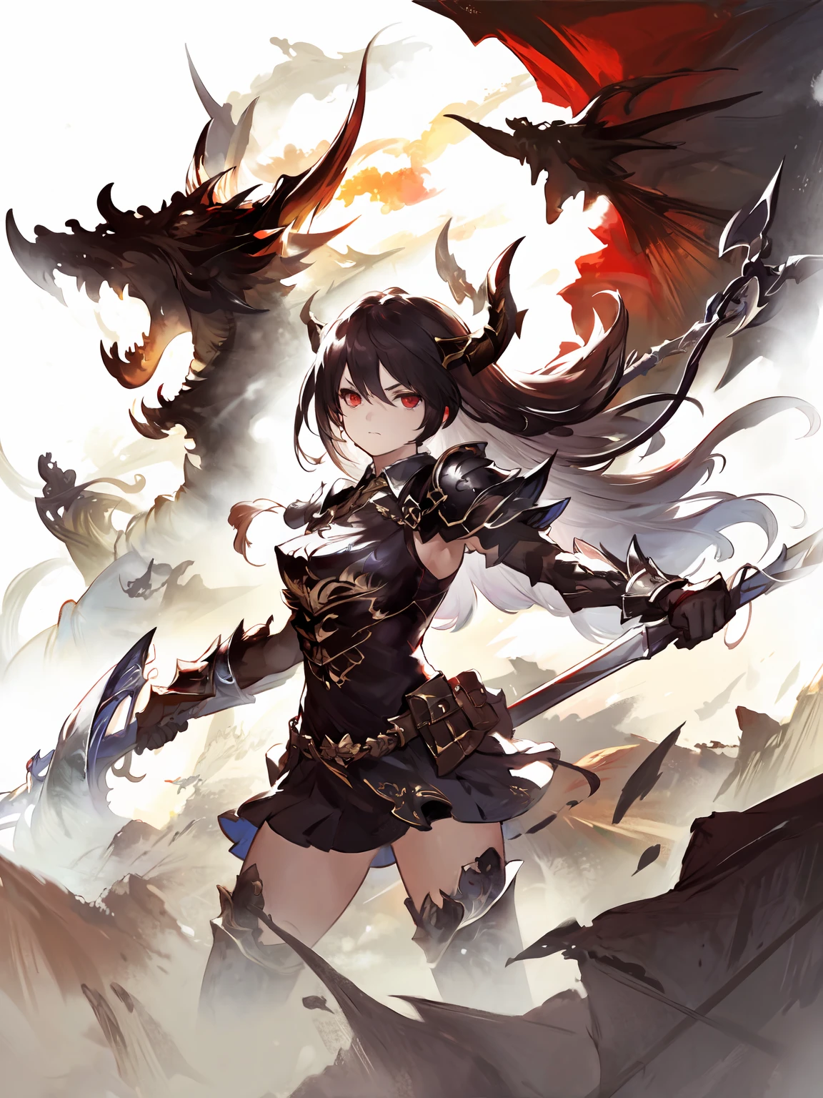 masterpiece,best quality,highres,1girl,<lora:ForteV2:0.75>,looking to the side,portrait,from random point of view,dual wielding, white lance,black lance,dragon,holding,weapon,armor,black thighhighs,skindentation,red eyes,serious,<lora:chineseDragonMolongInk_molongV10:0.7>,ink dragon,black dragon
