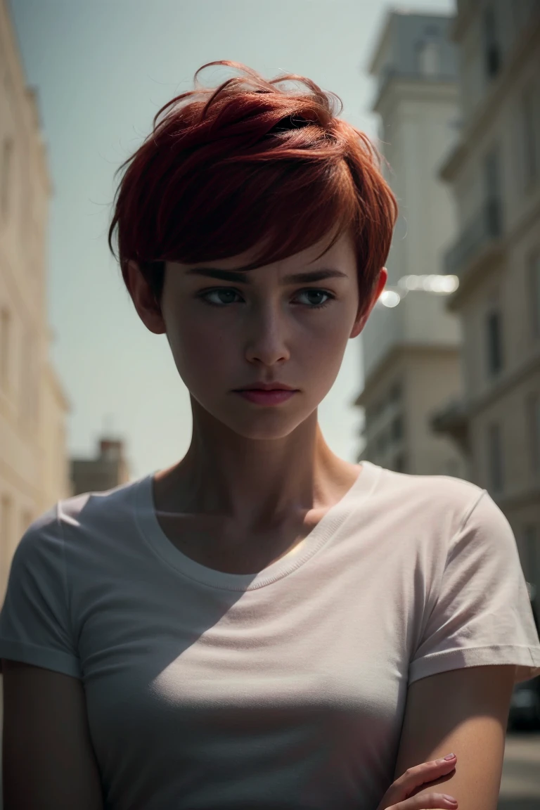 masterpiece, realistic, 8k, (1woman:1.3), european, white shirt, (red hair:1.1) , <lora:A_Short_Cut:1> short-cut, (pixie-cut:1.2), looking away, (scowl:1.5),