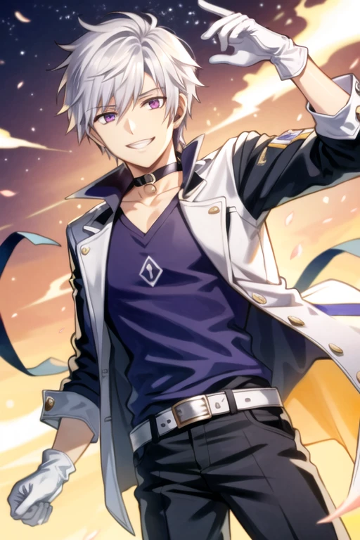 <lora:AddElsword-10:0.5>, edward grenore, solo, smile, shirt, gloves, 1boy, purple eyes, jacket, white hair, male focus, choker, belt, pants, white gloves, grin