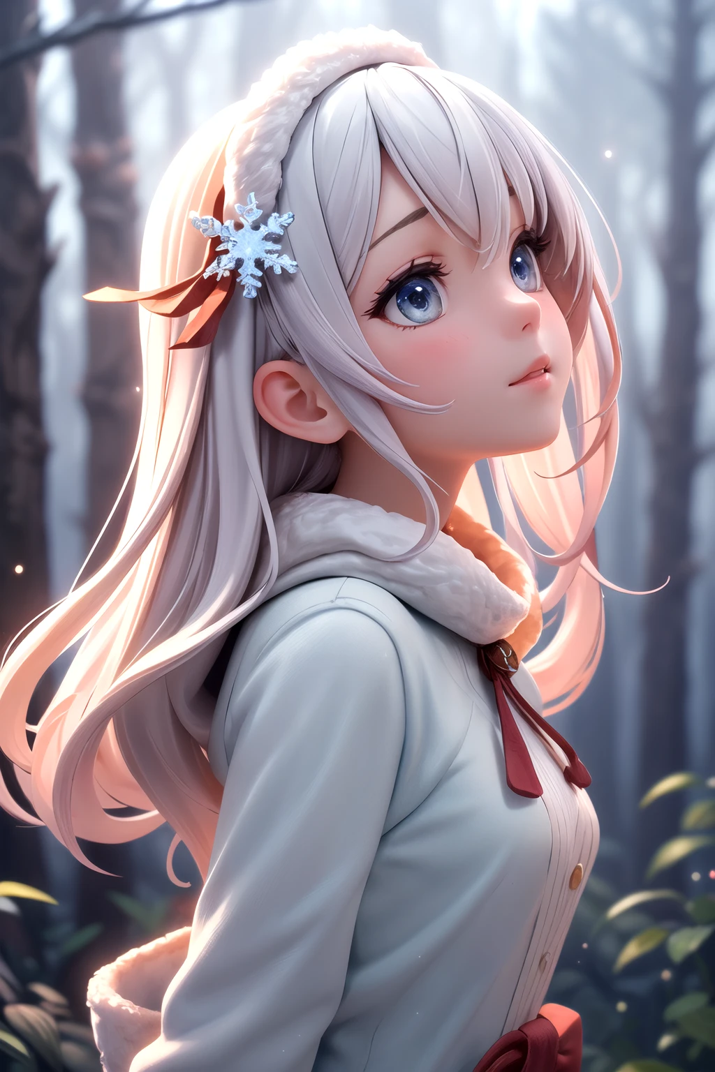 1girl, gradient hair, detailed clothes, winter forest, snowflake, soft cinematic light, elegant, highly detailed, faded, hires, backlighting, face focus, sparkle, from side, looking up