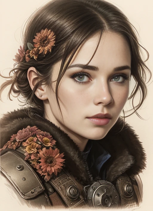 Charlie Bowater realistic Lithography sketch portrait of a woman, flowers, [gears], pipes, dieselpunk, multi-colored ribbons, old paper texture, highly detailed, peaceful and beautiful, Gears of War, Best quality details, realistic, High definition, High quality texture, epic lighting, Cinematic film still, 8k, soft lighting, anime style