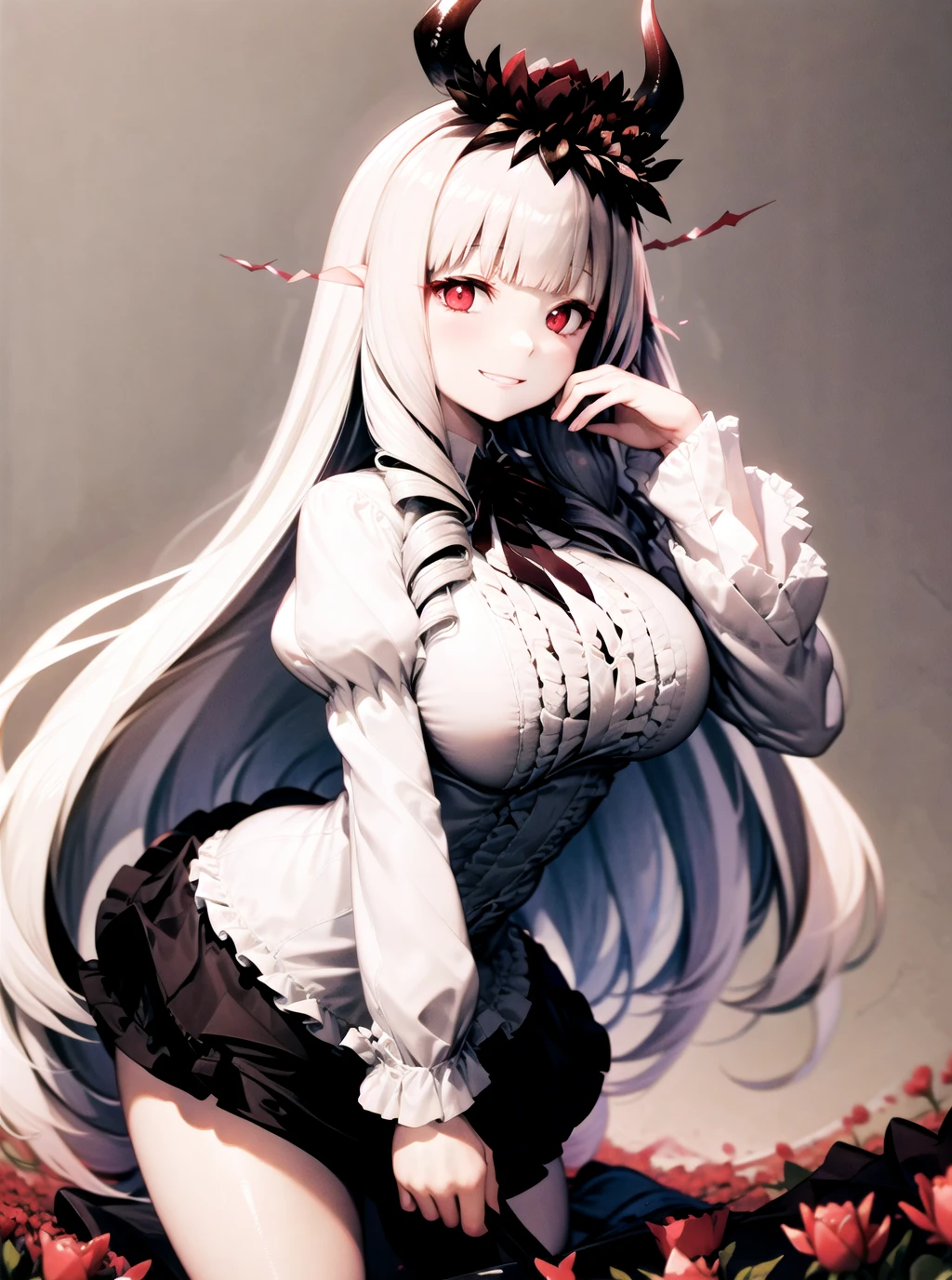 lycoris princess, abyssal ship, calligraphy brush, 1girl, (evil smile:1.1), red eyes, colored skin, white skin, blunt bangs, very long hair, side drill, drill hair, hair flower, hair ornament, horns, breasts, large breasts, dress, black skirt, frilled skirt, juliet sleeves, puffy long sleeves, perfect hands, leaning forward, bent over, hand on own face, head tilt, field of flowers, roses, flower petals, <lora:GoodHands-vanilla:1>