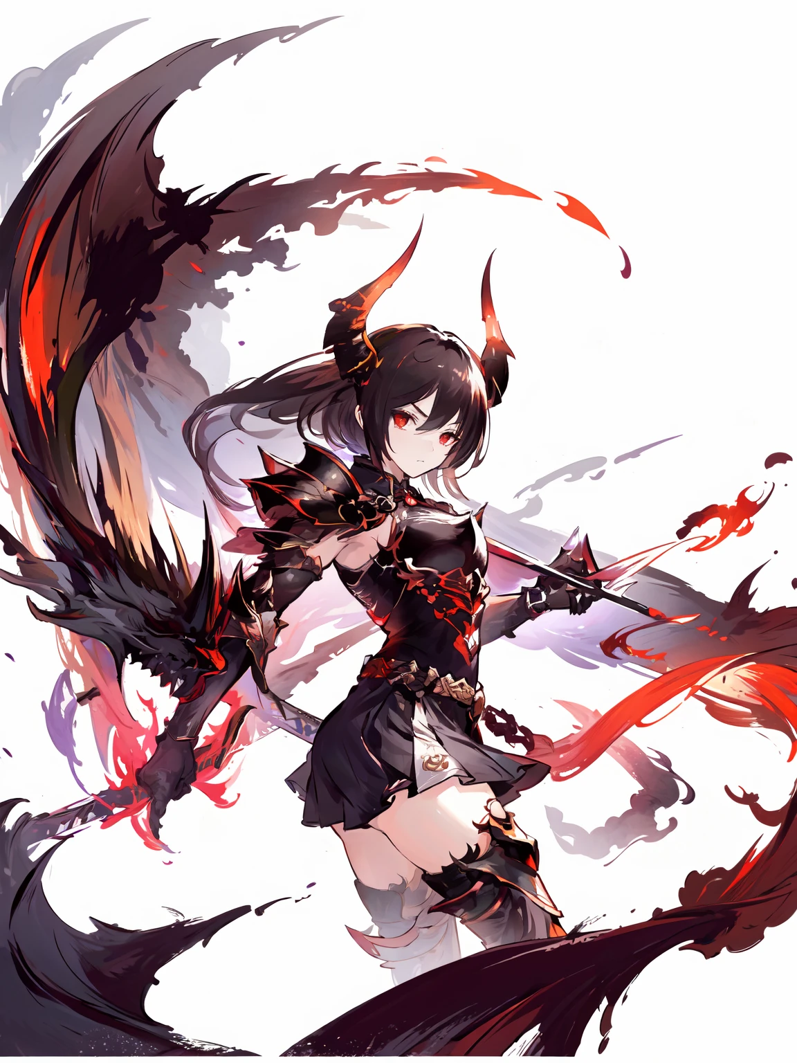 masterpiece,best quality,highres,1girl,<lora:ForteV2:0.75>,horns,looking to the side,portrait,from random point of view,dual wielding, white lance,black lance,dragon,holding,weapon,armor,black thighhighs,skindentation,red eyes,serious,<lora:chineseDragonMolongInk_molongV10:0.7>,ink dragon,black dragon ,<lora:Moxin_10:0.3>
