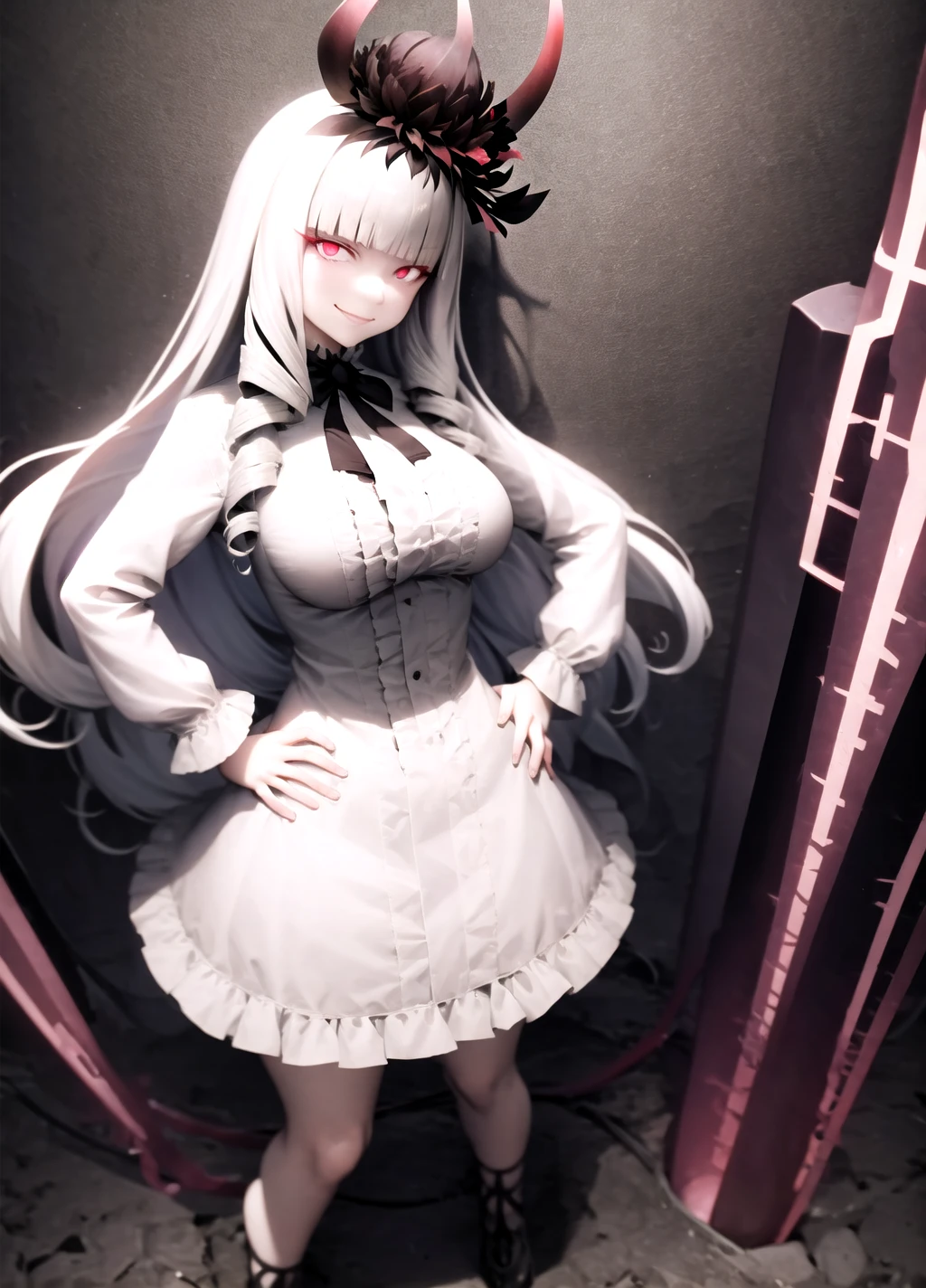 hands on hips, lycoris princess, abyssal ship, 1girl, (smug, smirk), looking at viewer, red eyes, glowing eyes, colored skin, white skin, blunt bangs, very long hair, side drill, drill hair, hair ornament, horns, breasts, large breasts,dress, black skirt, frilled skirt, juliet sleeves, puffy long sleeves, thighs, perfect hands, dark background, poster art, promotional art,  <lora:GoodHands-vanilla:1>