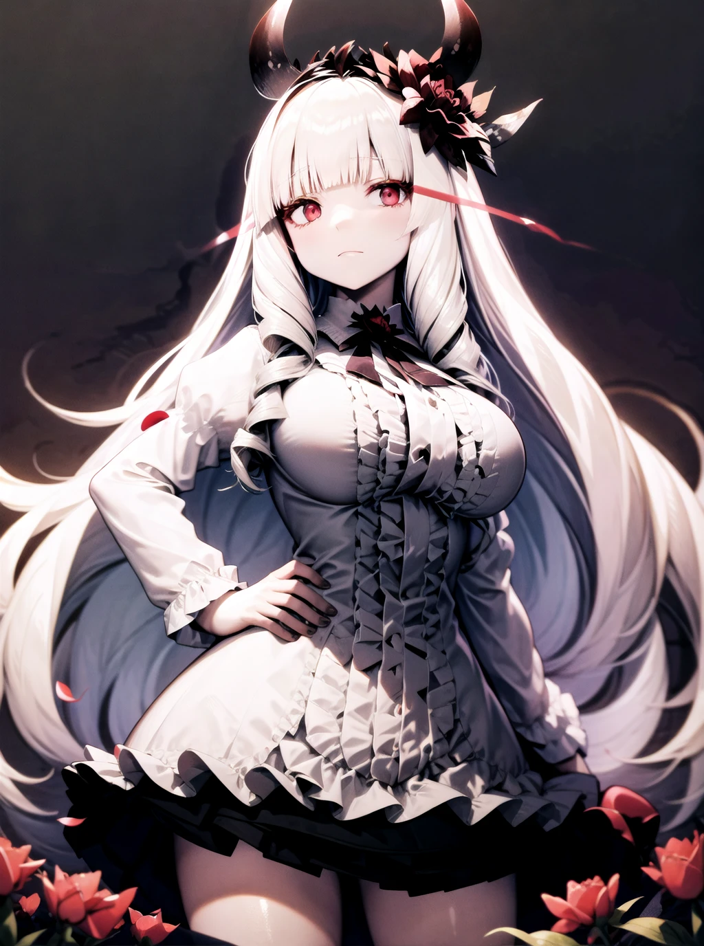 lycoris princess, abyssal ship,  1girl, red eyes, colored skin, white skin, blunt bangs, very long hair, side drill, drill hair, hair flower, hair ornament, horns, breasts, large breasts, dress, black skirt, frilled skirt, juliet sleeves, puffy long sleeves, perfect hands, hand on own thigh, hand on hip, field of flowers, roses, flower petals, <lora:GoodHands-vanilla:1>