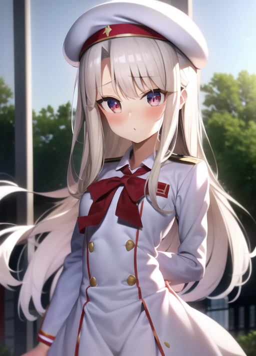 1girl, age, school uniform, white beret, blonde hair, red eyes,  illya,  <lora:illya2:0.9>