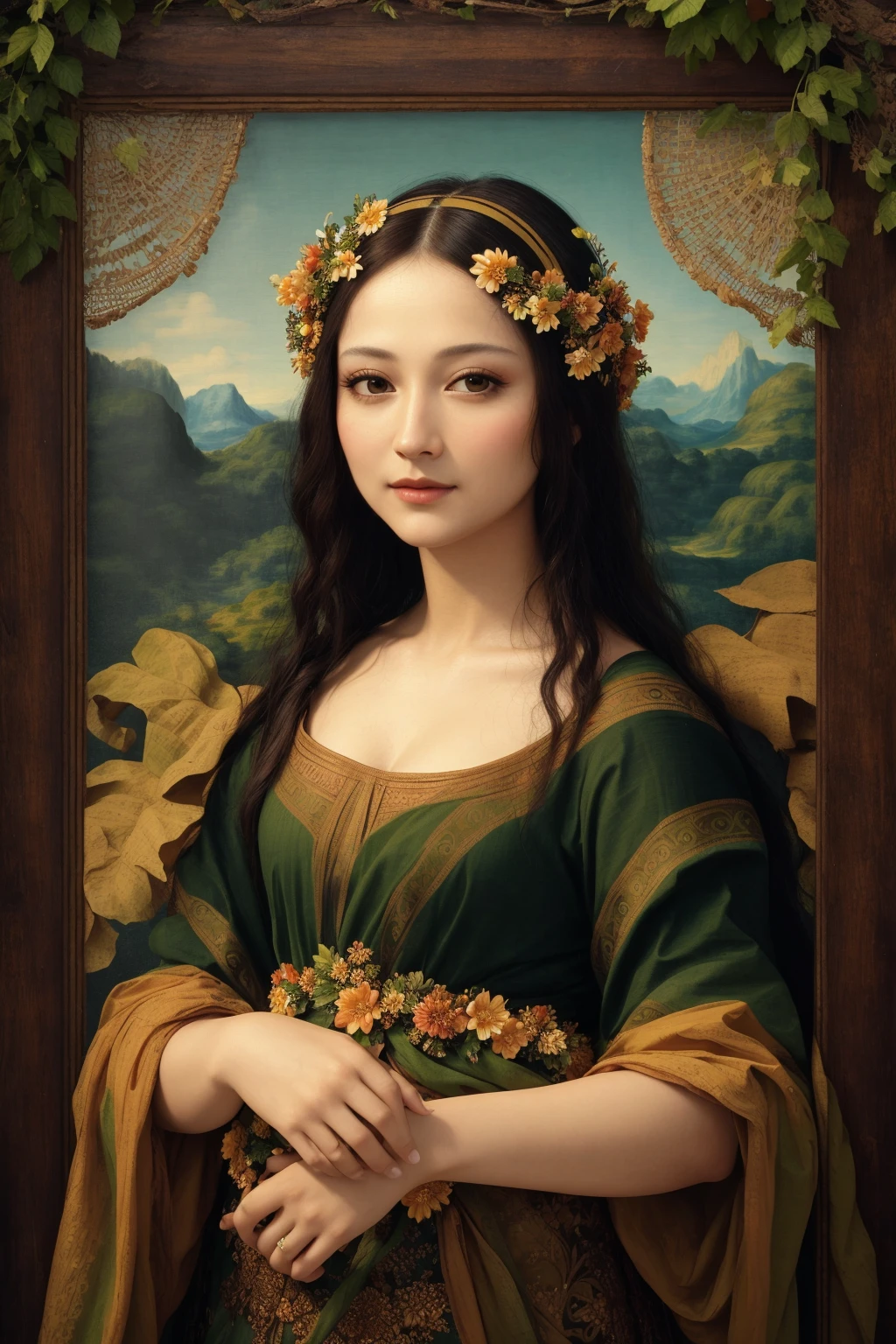 The model wears an elaborate headpiece made entirely of leaves, flowers and vines that cascade down and frame her face. Her makeup is done in green and gold tones to match the natural theme. She gazes serenely at the viewer with a Mona Lisa smile. The overall color palette is bright spring greens, accentuated with warm sunlight effects.
(RAW photo, best quality),(realistic, photo-realistic:1.3), clean, masterpiece,finely detail,masterpiece,ultra-detailed,highres,(best illustration),(best shadow),intricate, bright light